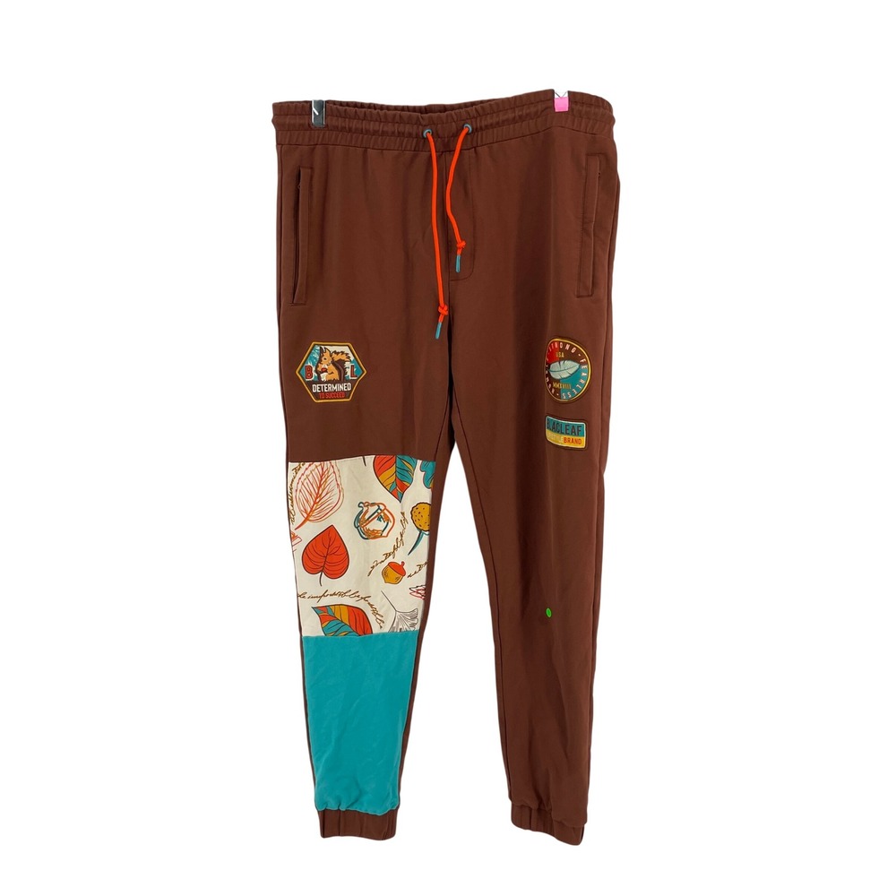 Blac Leaf Mens XL Brown Patchwork Graphic Joggers‎ Sweatpants Cotton Determined